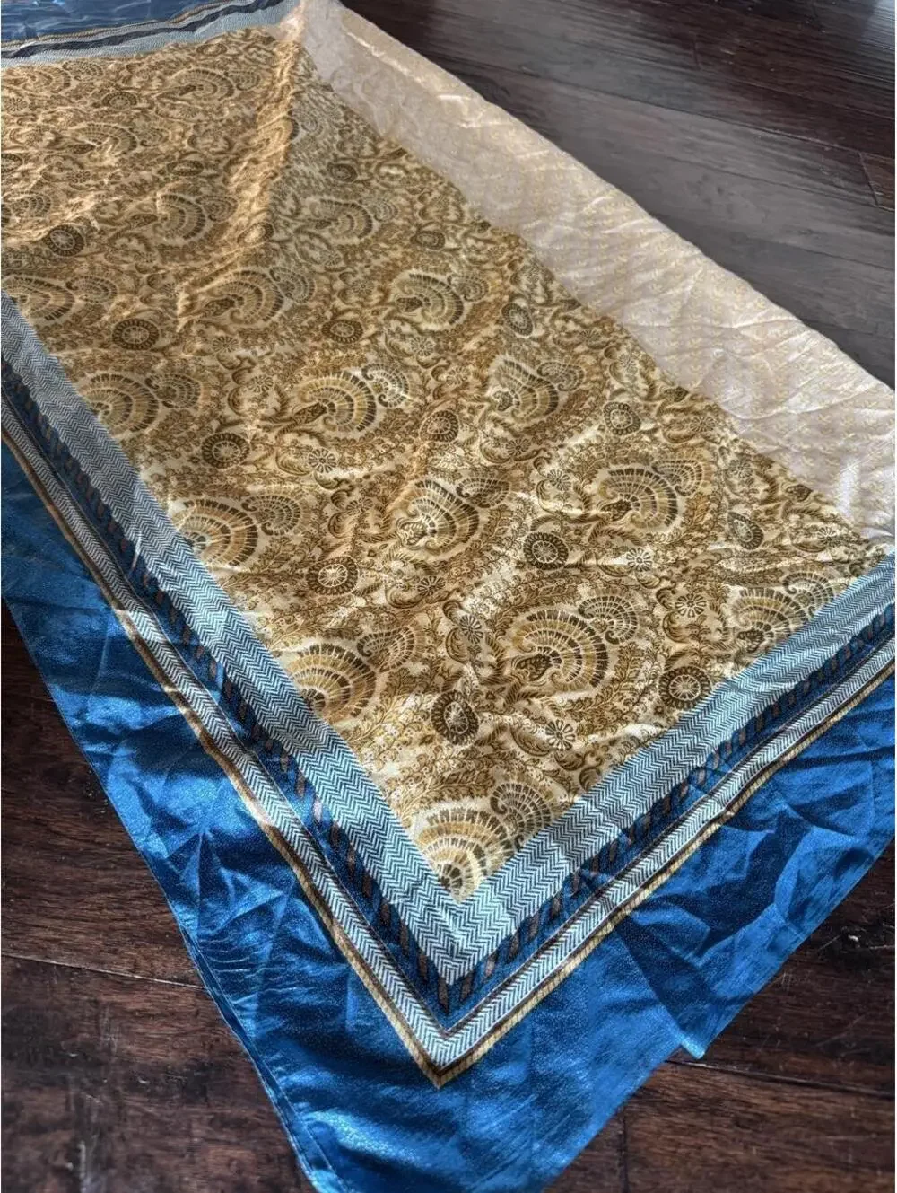 Oversized Boho Statement Scarf in Sapphire Blue, Gold, Ivory & Taupe with Paisle